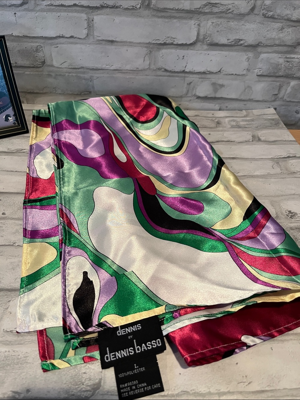 Dennis Basso Abstract Swirl Print Satin Scarf - Purple, Green, Cream, Black, Red